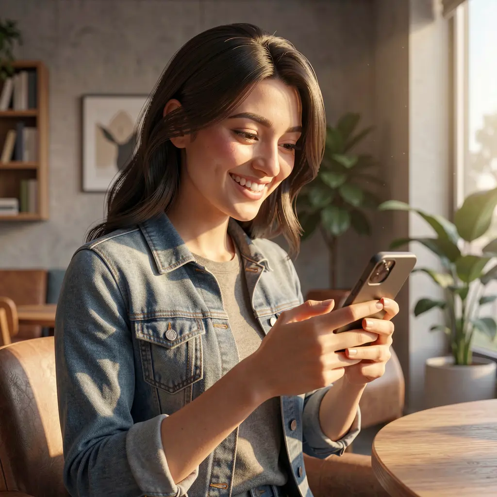 Confident Pakistani woman in a leather jacket using the CH7777 mobile casino app with a sleek smartphone in a modern setting