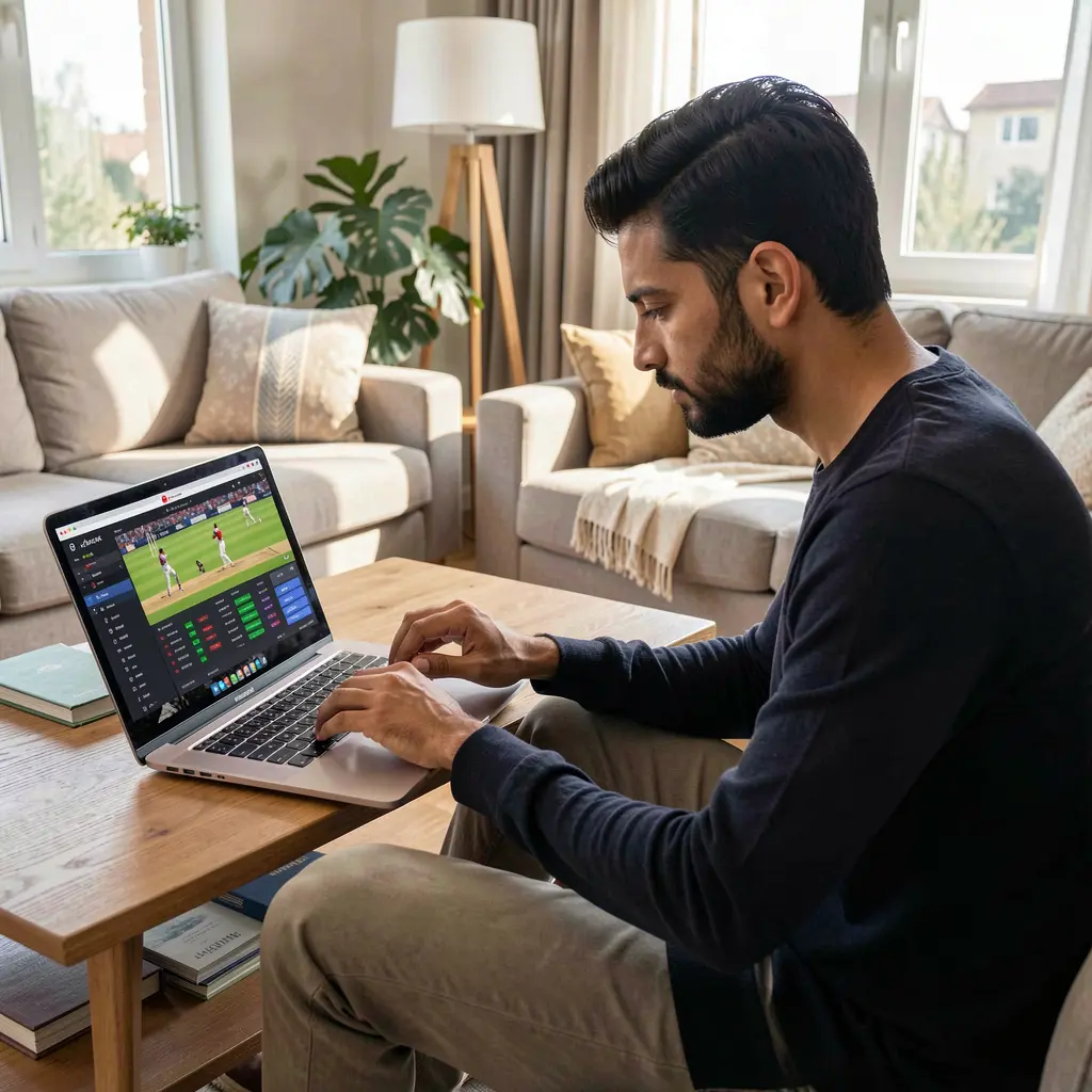 Focused Pakistani sports bettor placing live cricket bets on a laptop with CH7777 while watching an intense match at home