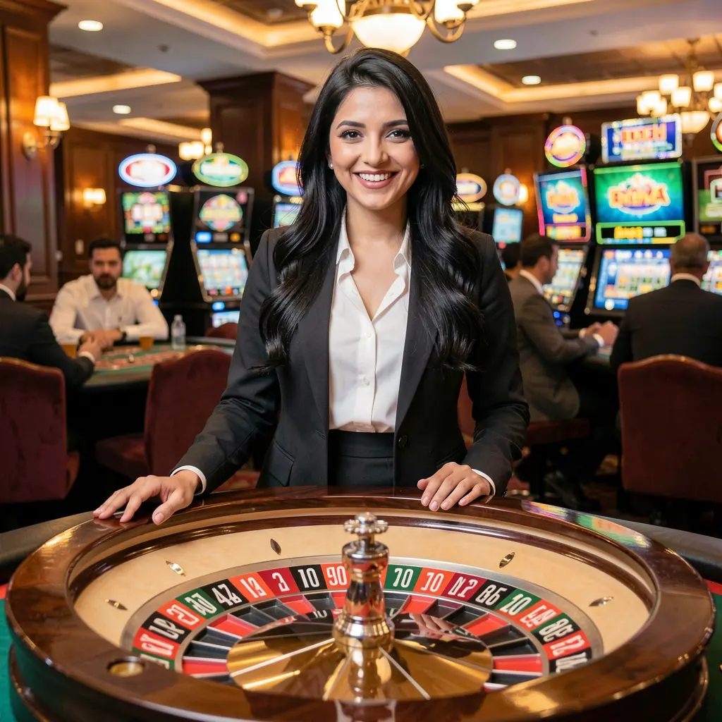 Professional live casino dealer at a roulette table with colorful lights and a luxury casino atmosphere available on CH7777 for players in Pakistan