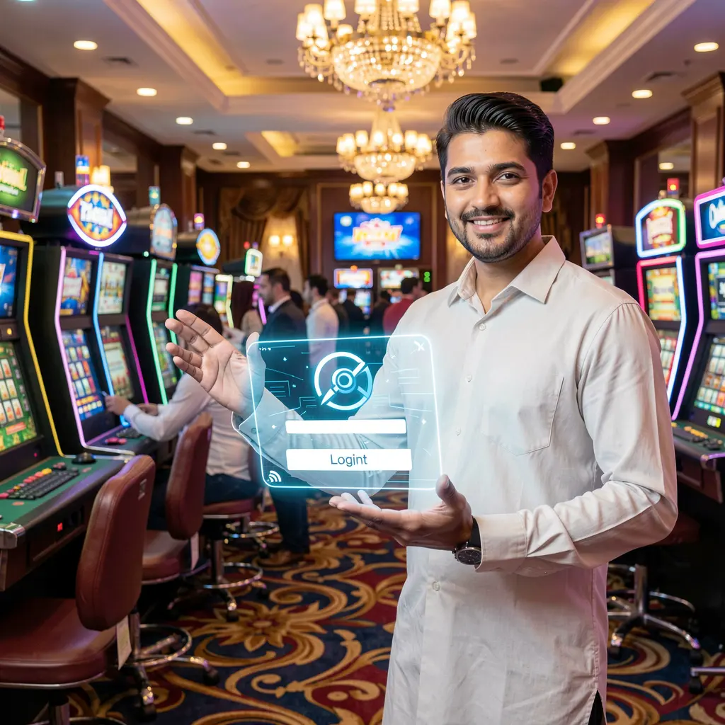 Confident Pakistani casino dealer pointing toward a glowing holographic login button inside a vibrant CH7777 casino atmosphere