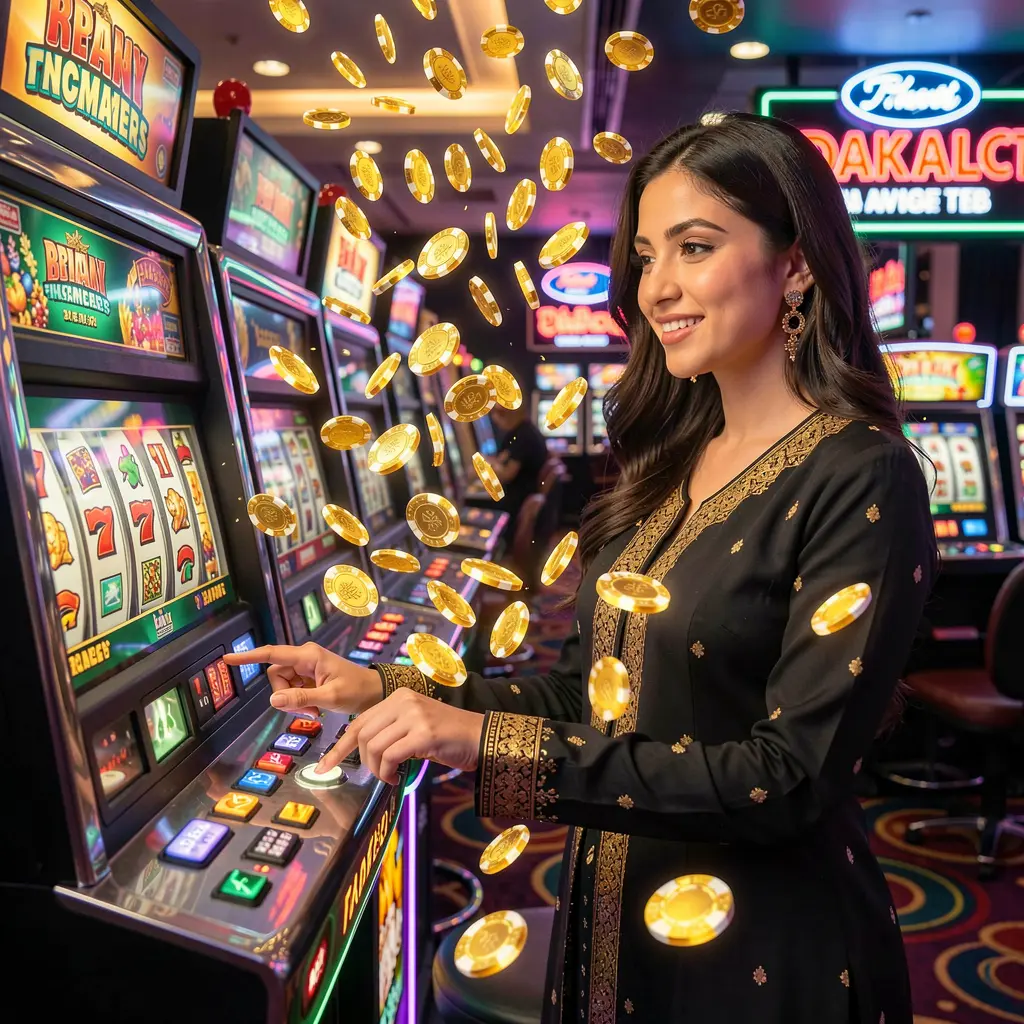 Elegant Pakistani woman playing a glowing slot machine with flying gold coins at CH7777 casino creating a luxurious gaming mood